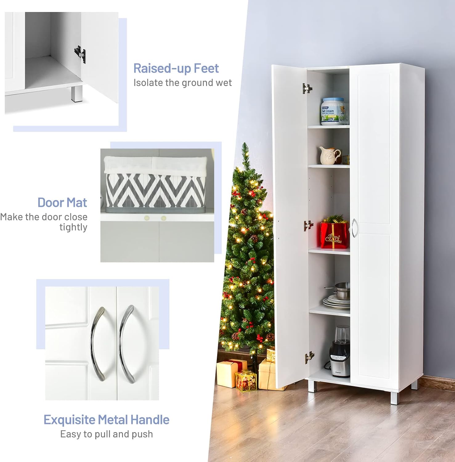 DORTALA 2-Door Tall Storage Cabinet, Morden Kitchen Pantry Cupboard Organizer w/ 5 Shelves, Wood Utility Floor Storage Cabinet, Multifunction Home Storage Furniture, White