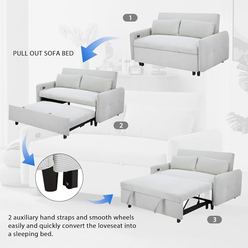 LUMISOL 4 in 1 Convertible Sofa Couch Bed, 57" Pull Out Sleeper Sofa Bed with USB Ports and Two Pillows, Modern Corduroy Fabric Loveseat Sofa Bed with Armrests for Living Room Small Space (Blue Grey)