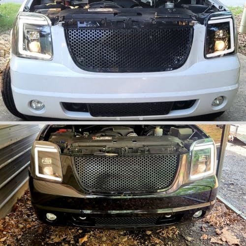 Fits 2007-2014 GMC Yukon XL 1500 2500 Upgraded LED Tube Switchback Sequential Turn Signal Projector Headlights Assembly Pair | Black Smoke