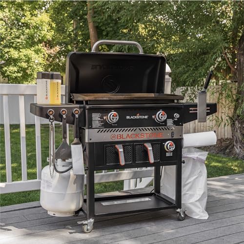 Blackstone 1962 Air Fryer Combo & Two Burners Stainless Steel Gas Hood, Wheels, Two Side Shelf – Heavy Duty Outdoor Griddle Station for Backyard, Patio, 28 inch Black