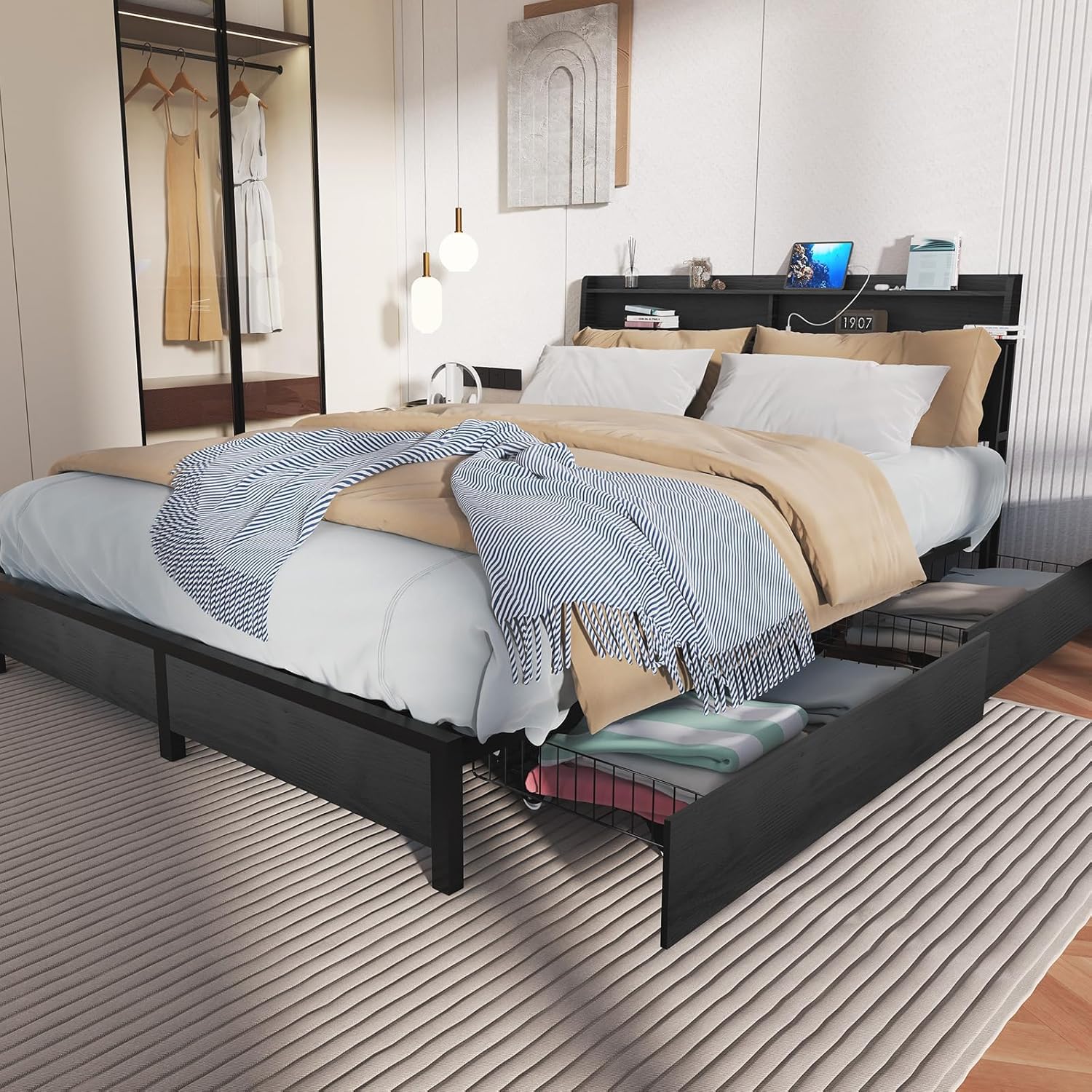 EVASTAR Queen Bed Frame with Storage Headboard and 4 Drawers, Metal Platform Bed Frame with Charging Station, Easy Assembly, Black