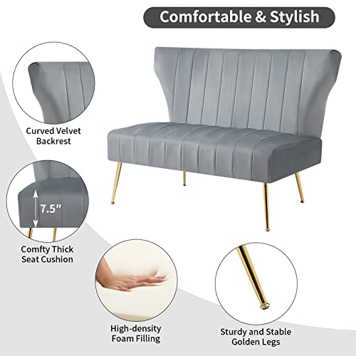 50’’ Velvet Modern Armless Loveseat Sofa, Upholstered Small Wingback Couch Sofa with Golden Metal Legs, 2 Seater Tufted Couch for Bedroom, Apartment Small Space(Black)
