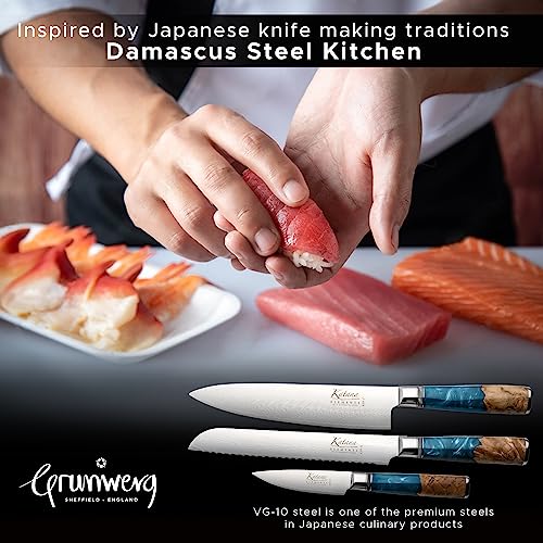 Grunwerg- Katana Elements 9 Piece Knife Block Set : 8 Japanese Quality Specialty Knives, Premium Damascus Steel Blades, Unique Resin Handle, Green
