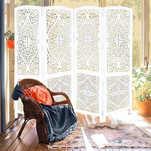 Room Divider Wood Screen - Ghanti Bells Antique Brown - 4 Panel Folding 72 x 80 - Assembled Hand Carved Decorative Functional Versatile Portable Partition Reversible Privacy Boho - COTTON CRAFT