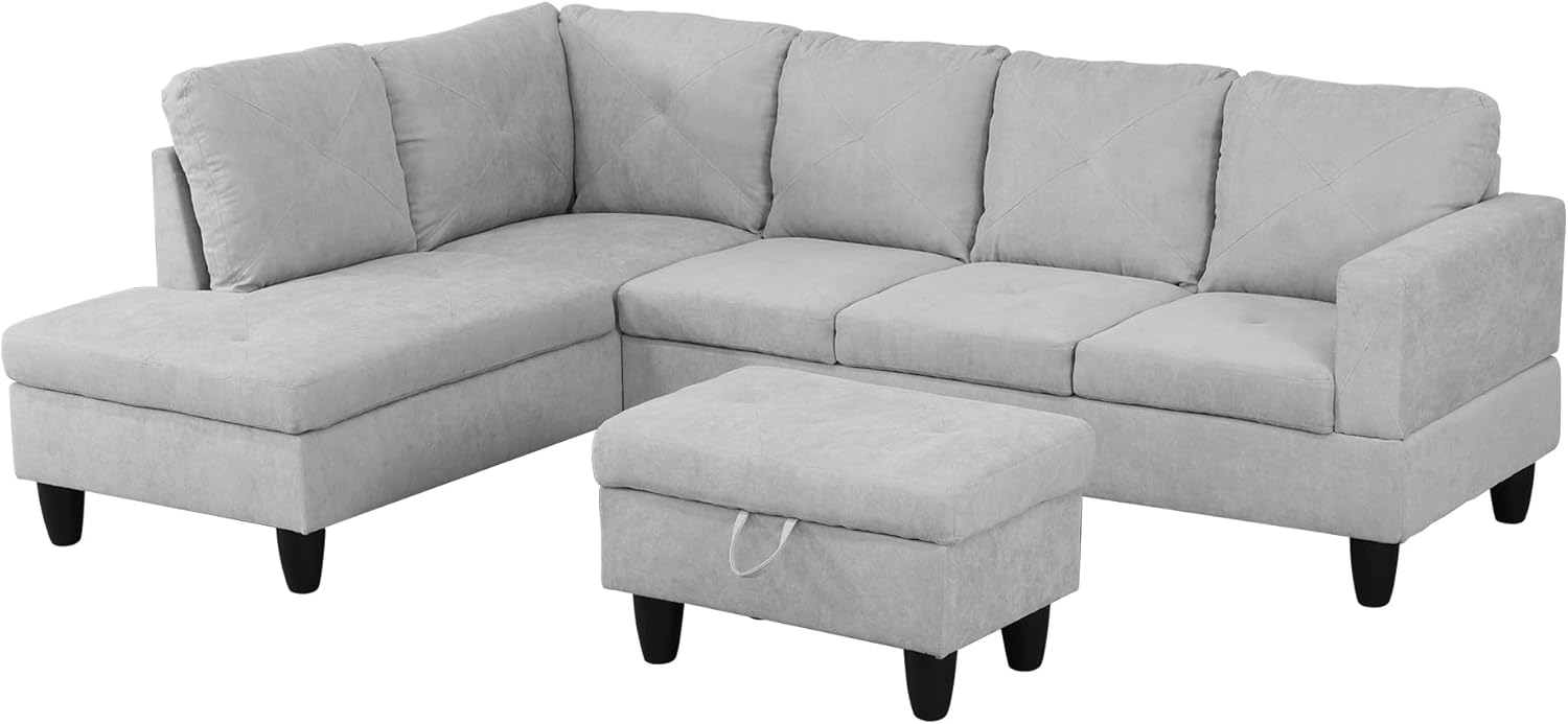 97" L-Shaped Corner Sofa with Left Chaise & Movable Storage Ottoman, 6 Seat Flannelette Fabric Sectional Couch, Wood Legs & Frame, Modern Modular Sofa&Couches for Living Room, Apartment