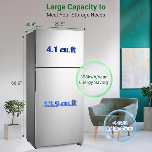 Smad Top Freezer Refrigerator with Reviseble Door Adjustable Temperature Upright Freezer for Home Garage Dorm Kitchen Stainless Steel