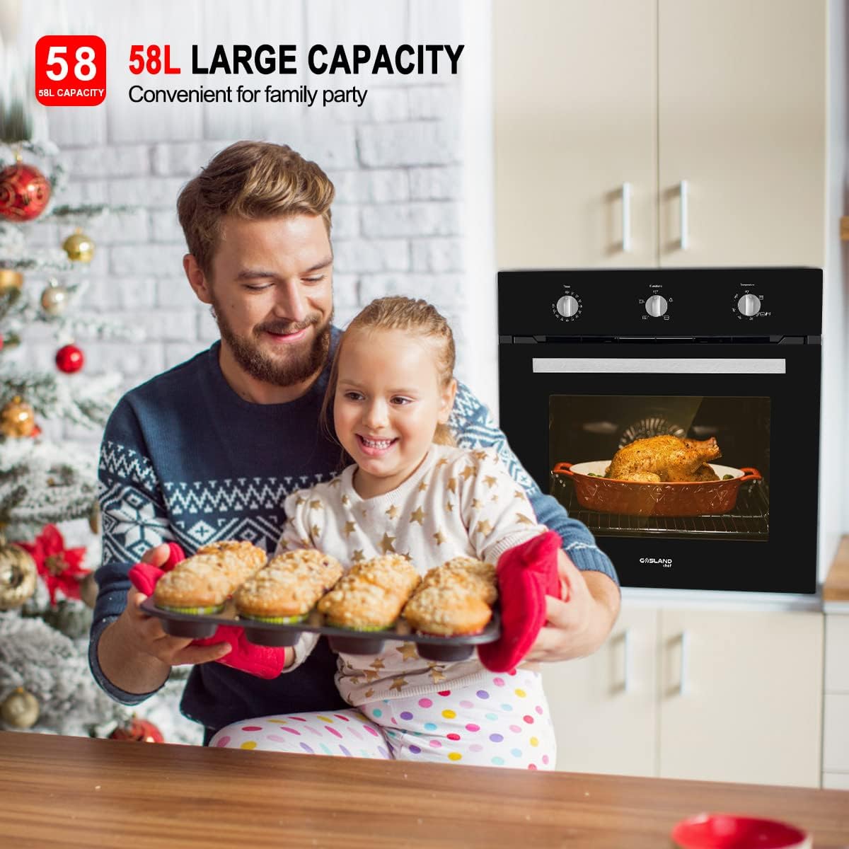 Single Gas Wall Oven, GASLAND Chef GS606MBN 24 Built-in Natural Gas Oven, 6 Cooking Functions Convection Wall Oven with Rotisserie, Mechanical Knobs Control, 120V Electric Ignition, Black Glass