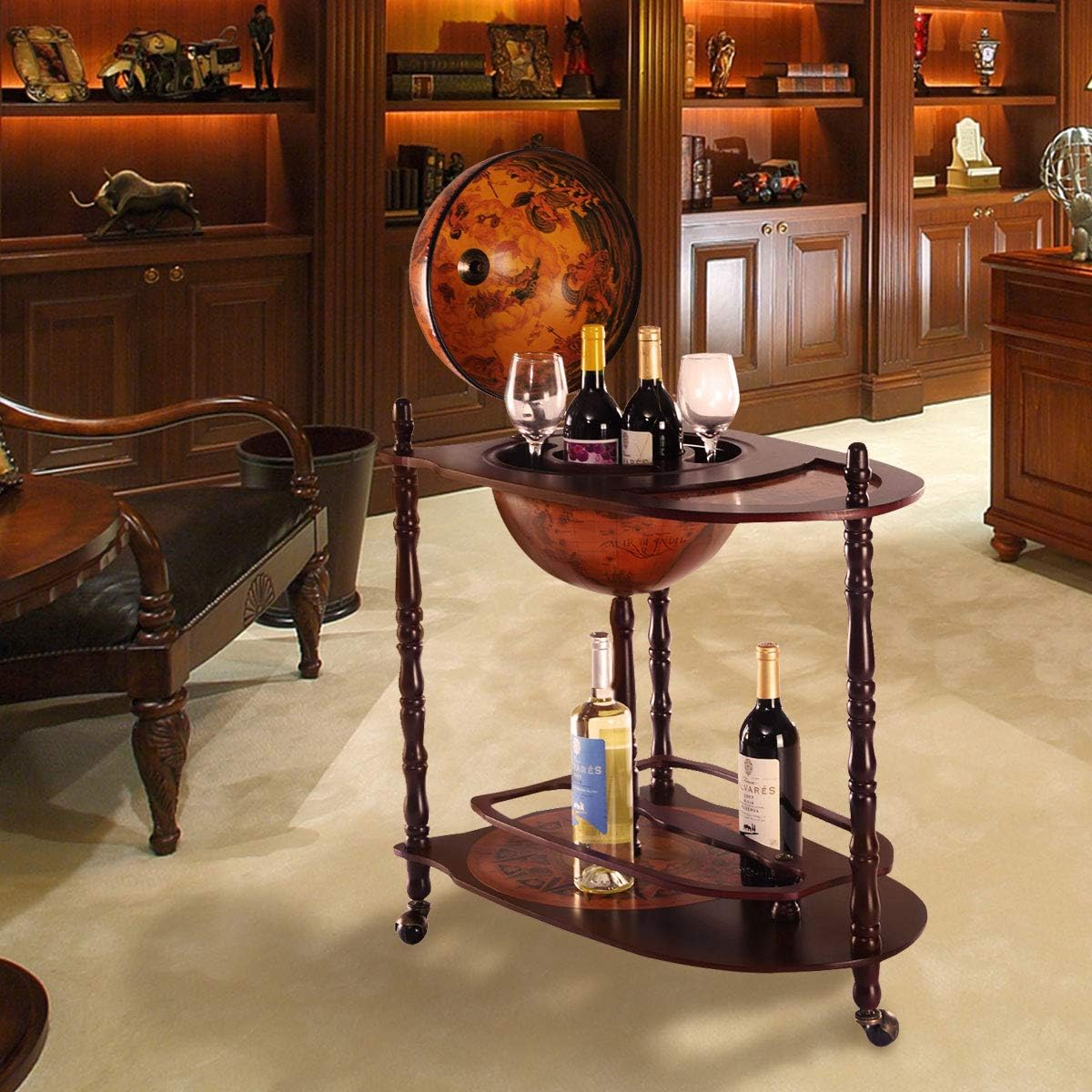 Globe Bar, 34.5’’ Wine Bar Cart with Wheels, 2 Storage Shelves & Old World Map, 16th Century Italian Replica Globe Liquor Cabinet, Wood Bar Stand for Dining Room Living Room Home