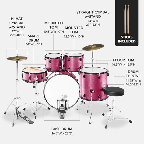 Best Choice Products 5-Piece Full Size Complete Adult Drum Set w/Cymbal Stands, Stool, Drum Pedal, Sticks, Floor Tom - Dark Blue Sparkle