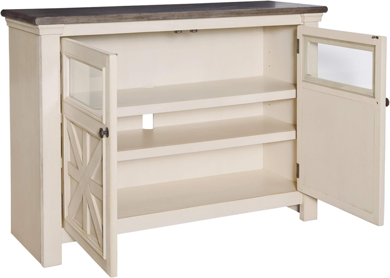 Signature Design by Ashley Bolanburg Two Tone Farmhouse TV Stand, Fits TVs up to 72, 3 Cabinets and Adjustable Storage Shelves, Whitewash