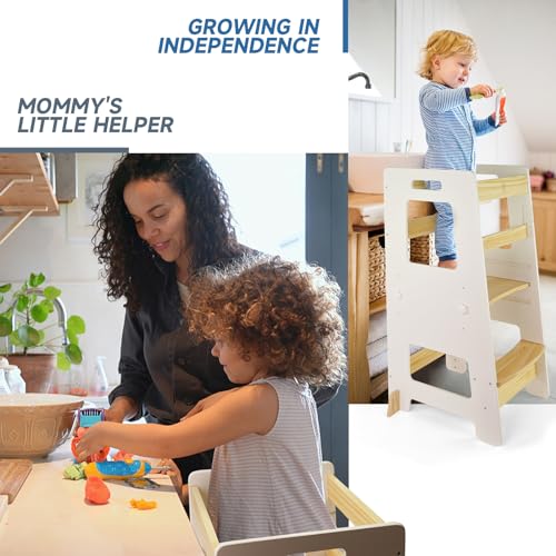 WOOD CITY Kitchen Step Stool - Safe Montessori Standing Tower for Kids with Safety Rail, Height Adjustable Toddler Ideal Helper for Learning New Skills, Anti-Slip Protection for Bathroom - Green…