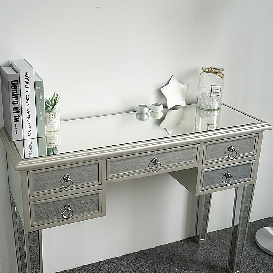 Henf Mirrored Vanity Desk Silver Console Table Sofa Table with 3 Faux Diamonds Drawers, Modern Glass Vanity Table Dressing Table Makeup Stand for Entryway/Foryer/Bedroom/Living Room