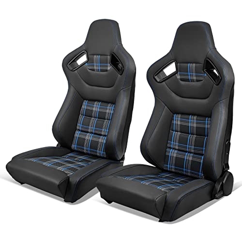 IKON MOTORSPORTS, Universal Racing Seats Pair with Dual Sliders, PU & Red Plaid Fabric & Carbon Leather Reclinable Left Right