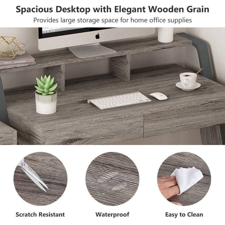 Tribesigns 47'' Computer Desk with 2 Storage Drawers and Monitor Stand - Oak Gray - Wood Finish