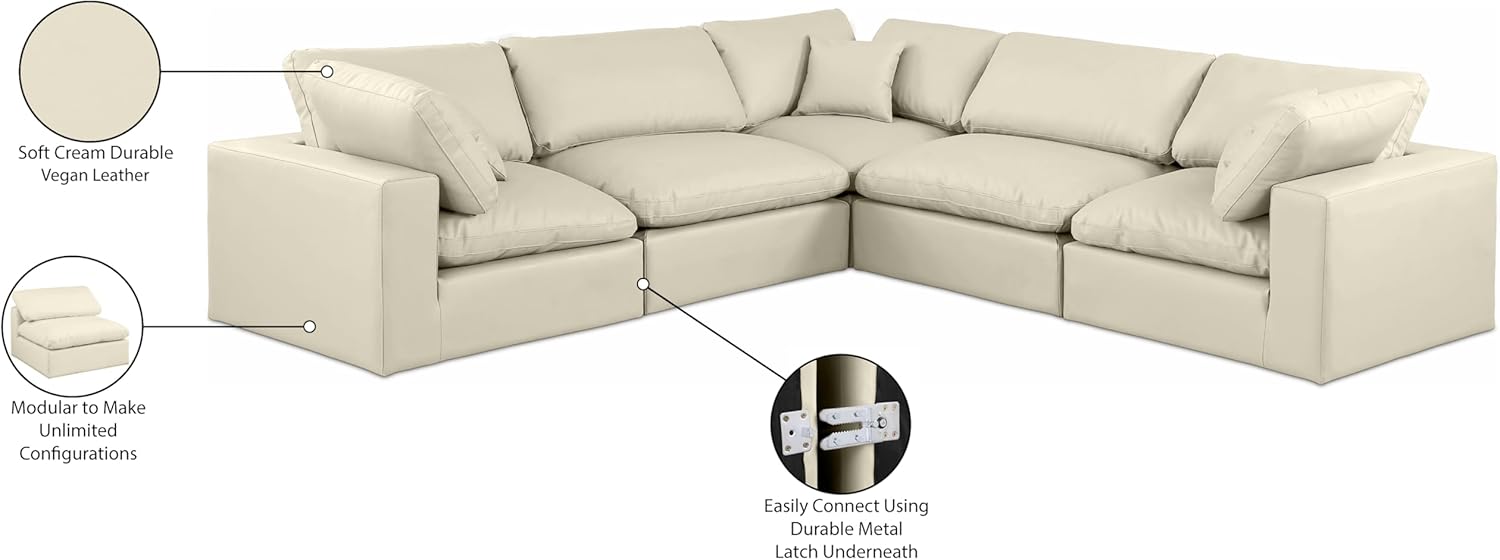 Meridian Furniture Comfy Collection Modern | Contemporary Upholstered Modular Sectional, Soft Vegan Leather, Fiber-Filled, 120" W x 120" D x 35" H, Cream