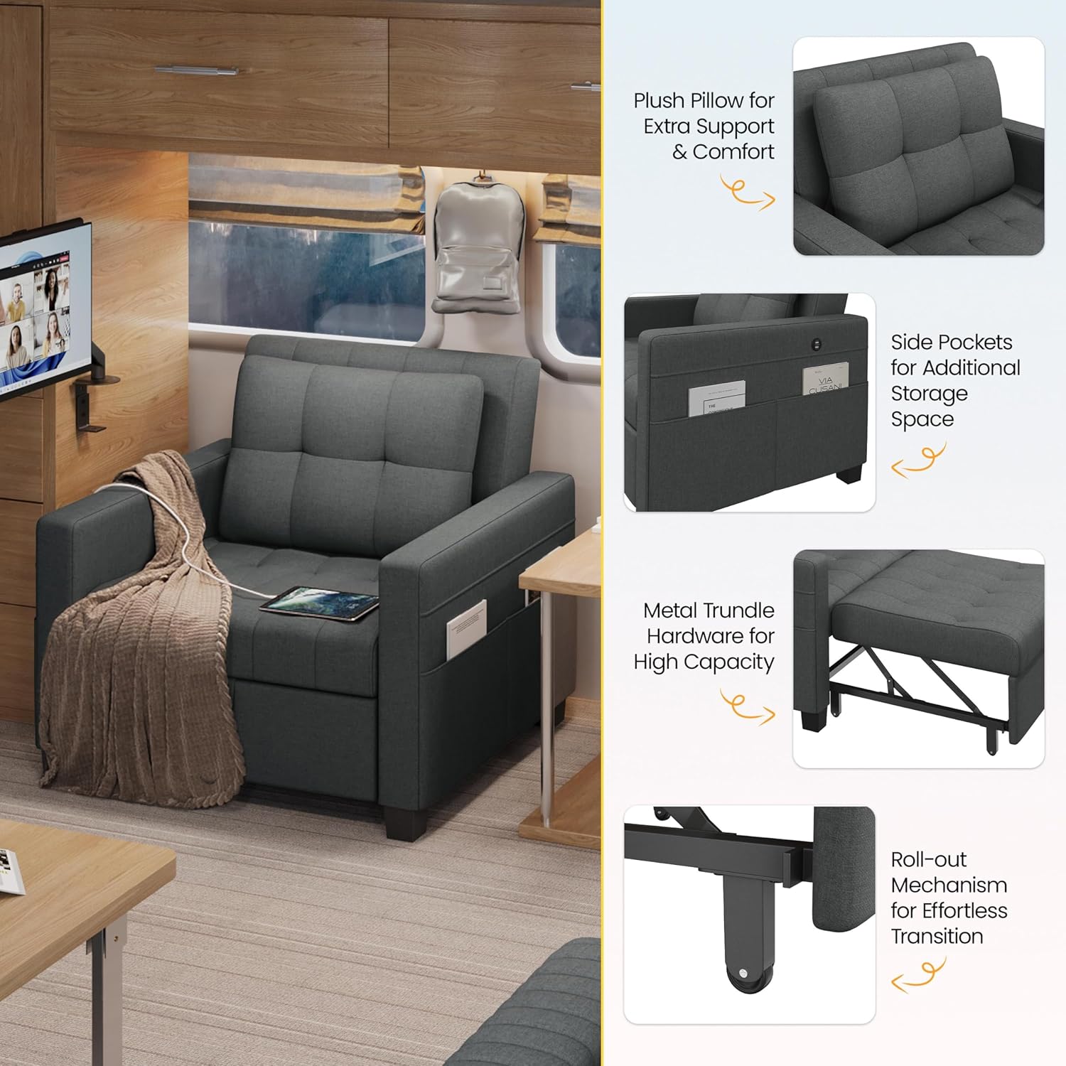Yaheetech Convertible Chair Bed Fabric Futon Sofa Chair 3-in-1 Sleeper Chair Adjustable Armchair Sleeper with 2 USB Ports for Living Room Limited Space Office Apartment, Dark Gray
