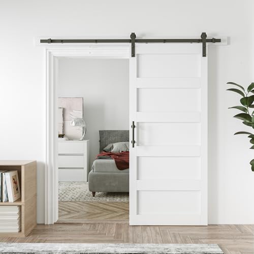 34in x 84in Sliding Barn Door with 6ft Barn Door Hardware Kit & Handle, Pre-Drilled Holes Easy Assembly -Solid Barn Door Slab Covered with Water-Proof PVC Surface, White, 5 Panel