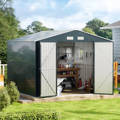 10X12X7.5 FT Outdoor Steel Storage Shed with Lockable Doors, 2 Windows, Transparent Roof Panels (Wood Panels & Frame Floor Not Included), Ideal for Patio Storage,Garbage Can, Chicken Coop，Brown