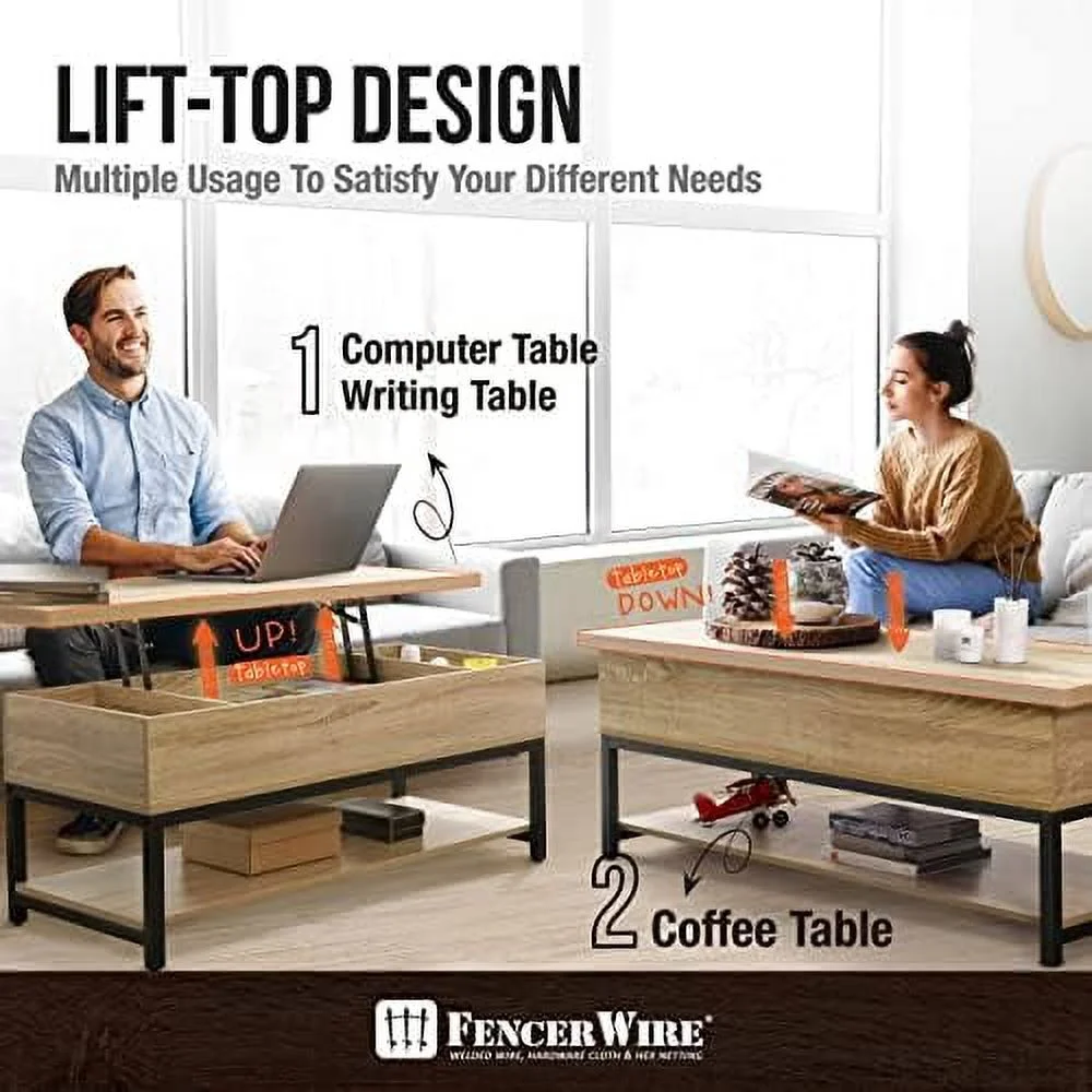 YZboomLife Lift Top Coffee Table w/  Coffee Table w/Bottom Open    Coffee Table w/Lift Top for Living Room  Rising Top Coffee Table w/Hidden Compartment   41" Rustic Oak