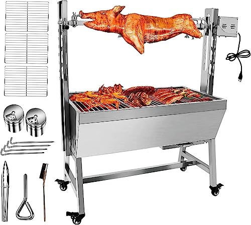 stainless steel rotisserie grill, 25w motor small pig lamb rotisserie roaster, 37'' 2 in 1 bbq charcoal rotisserie grill for camping outdoor kitchen (without baffle)