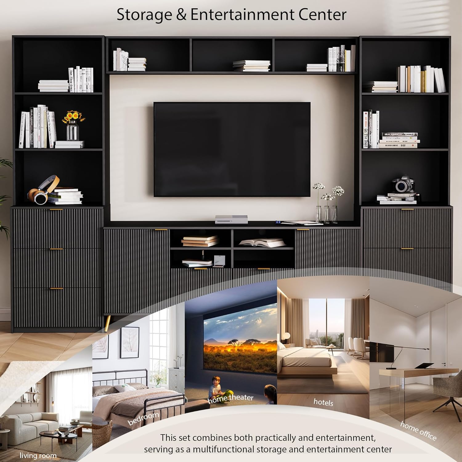 TV Stand with Fluted Line Surface, 4-Piece Entertainment Wall Unit with 13 shelves, 8 Drawers and 2 Cabinets, Modern TV Stand for Living Room, Black