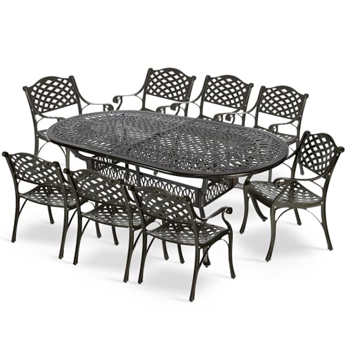 MEETWARM 9-Piece Outdoor Furniture Dining Set, All Weather Cast Aluminum Patio Garden Set with 8 Chairs,1 Oval Table, 2" Umbrella Hole, Dark Bronze