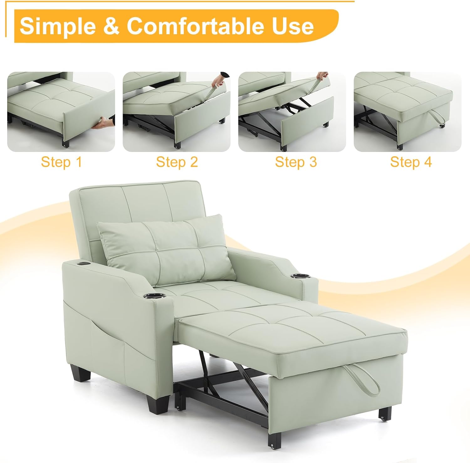 Karl home Sleeper Chair 3-in-1 Pull Out Sofa Bed Convertible Reading Chair with USB/Type C Ports Adjustable Sofa Bed with Cup Holders, PU Leather Mint Green