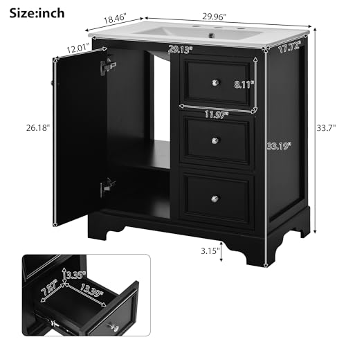 30" Modern Bathroom Vanity with Sink Combo Set, Solid Wood Frame Bathroom Storage Cabinet with 3 Drawers and a Soft Closing Door, Green