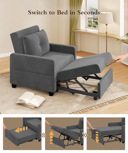 Sleeper Sofa Chair, 3 in 1 Convertible Sleeper Chair with Adjustable Backrest, 32" Pull Out Couch Bed 400lbs Support, Comfy Velvet Small Sofa Bed for Small Space with Pillow & 2 Pockets, Blue