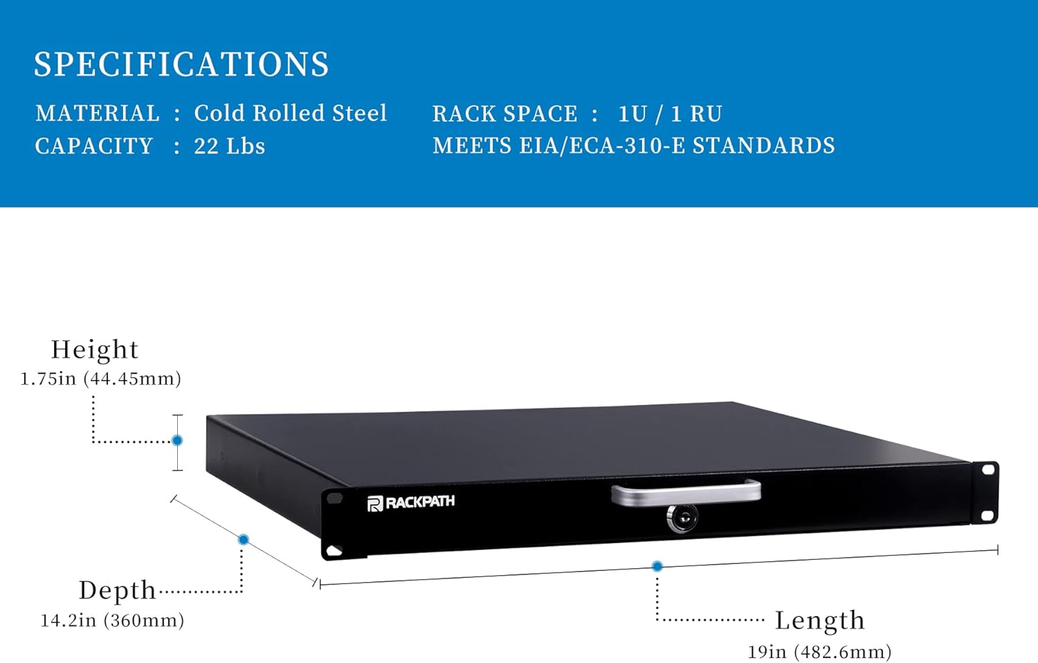 RackPath 1U Rack Mount Drawer for 19 Inch AV/Network/DJ Equipment Racks or Cabinets with Lock and Key