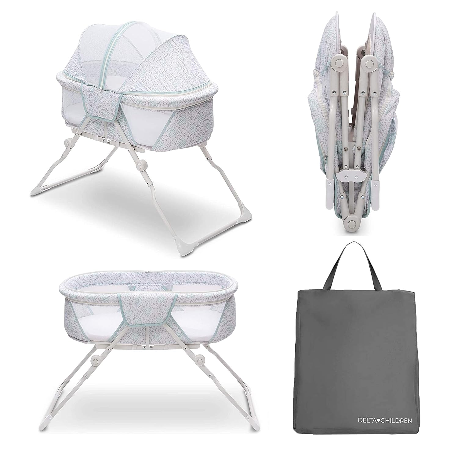 Delta Children EZ Fold Ultra Compact Travel Bedside Bassinet - Folding Portable Crib with Removable Canopy, Mirage