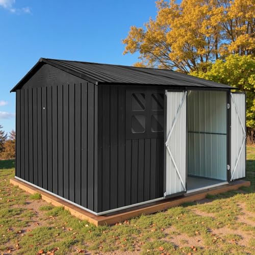 10' x 8' Large Outdoor Storage Shed, Sturdy Metal Building w/Windows & Lockable Doors for Garden, Backyard, Poolside and Lawn, Grey