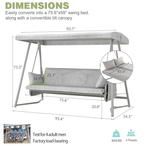3-4 Person Oversized Outdoor Porch Swing with Adjustable Backrest Canopy,2-in-1 Swing Bed 800 lbs Capacity,Patio Swing with Removable Cushions for Yard Garden Poolside Balcony