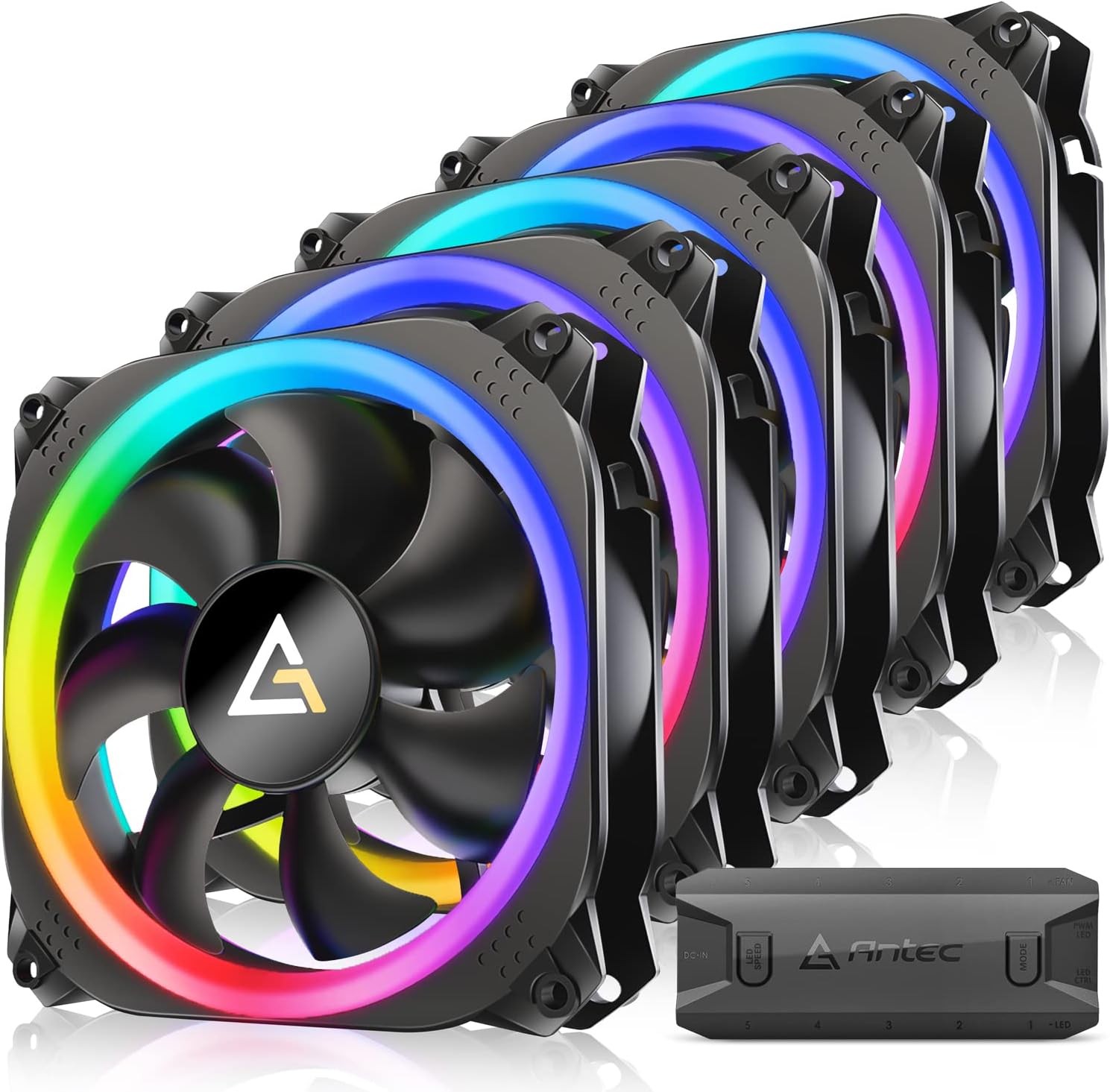 Antec RGB Fans, PC Fans 120mm RGB Fans, 5V-3PIN Addressable RGB Fans, Motherboard SYNC with 5V-3PIN, 120mm Fan 5 Packs with controller, Prizm Series RGB Fans