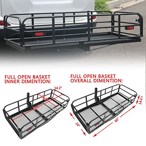 500 Lbs Heavy Duty Hitch Mount Cargo Carrier 60" x 24" x 14.4" Folding Cargo Rack Rear Luggage Basket Fits 2" Receiver for Car SUV Camping Traveling