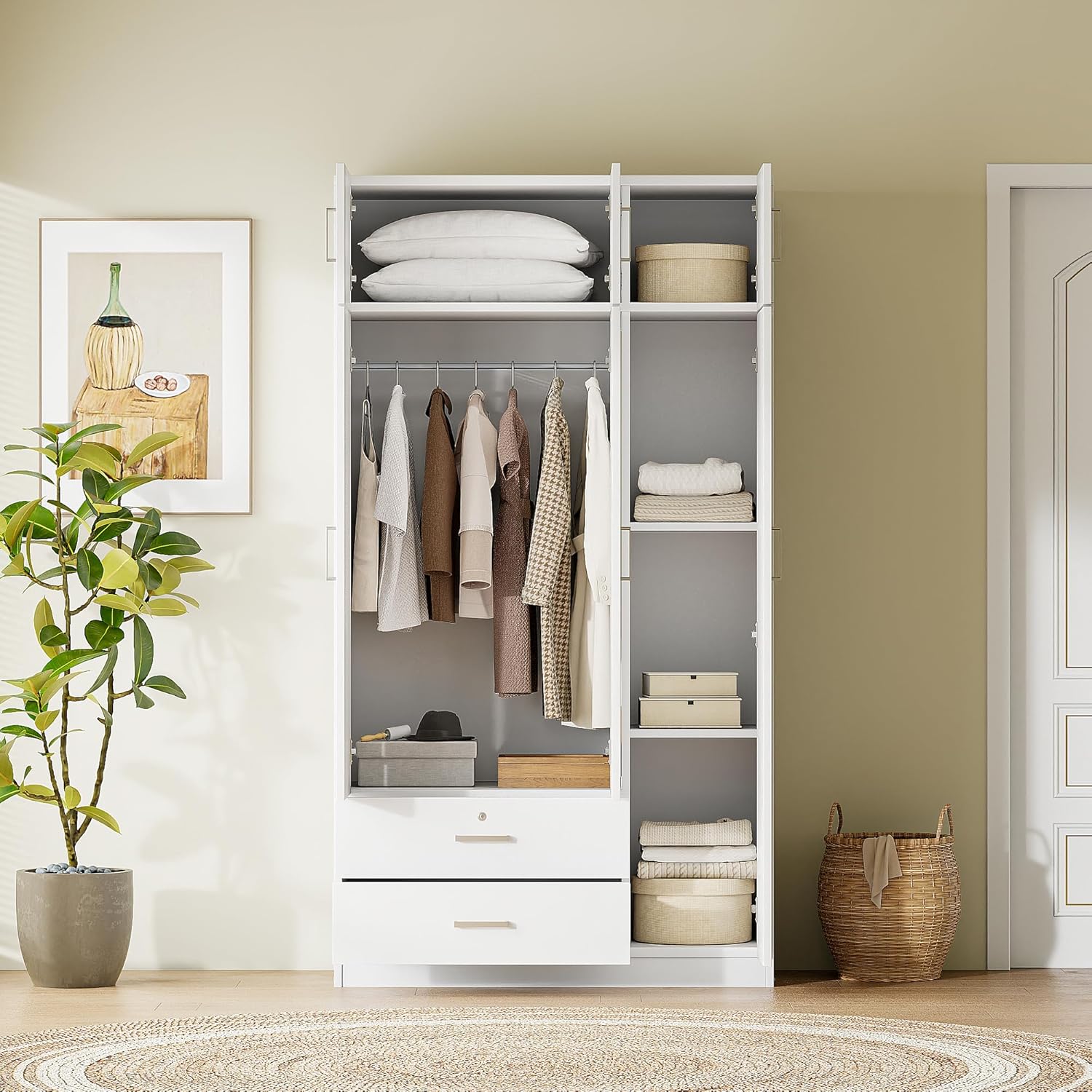 3-Door Mirror Wardrobe Closet, Bedroom Freestanding Storage Armoire Organizer with 2 Drawers and Top Cabinet, 41.30" L x 19.50" W x 81.10" H, White