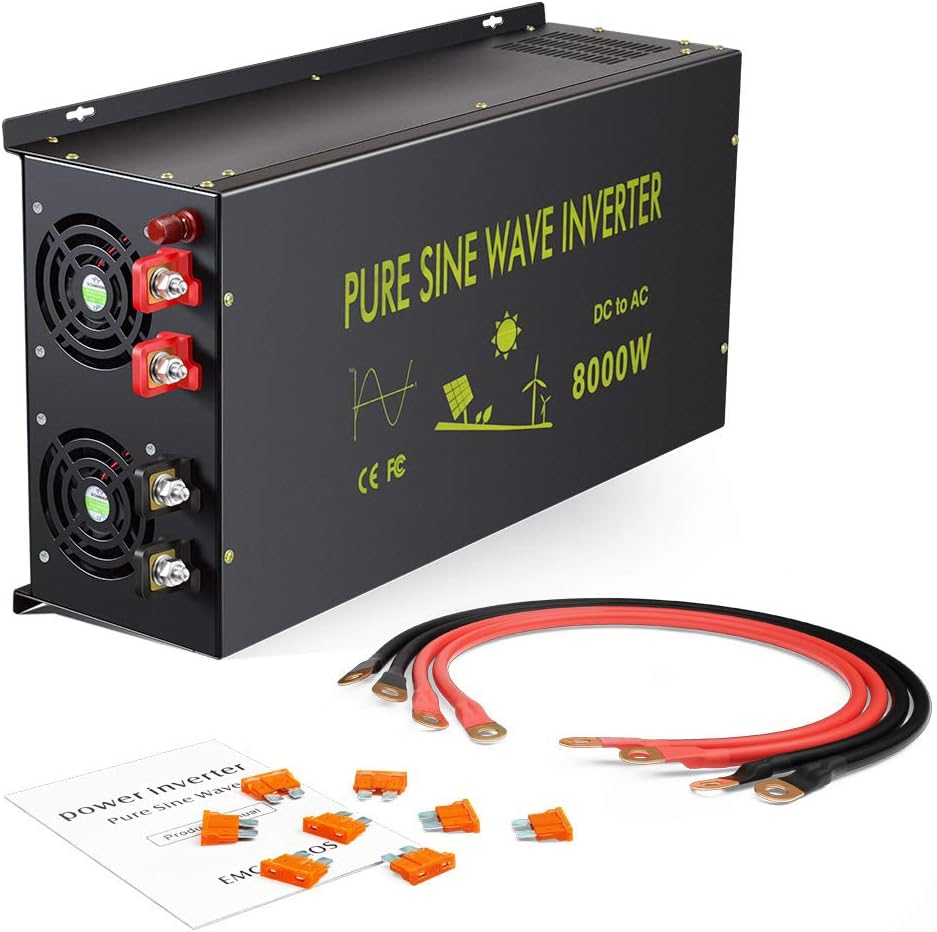 Reliable 8000W Continuous Power Heavy Duty Pure Sine Wave Power Inverter DC 48V to AC 120V with 4 AC Outlets Remote Control 66A Hardwire Terminal and LED Display for RV Car Solar System Emergency