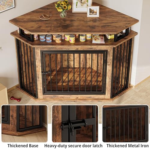 IRONCK 51" Corner Wooden Dog Crate Furniture with 2-Tier Shelves, Pet Kennel for Large Dogs, Space-Saving Dog Cage Indoor, Rustic Brown (26.7" L x 51.2" W x 33.5" H)