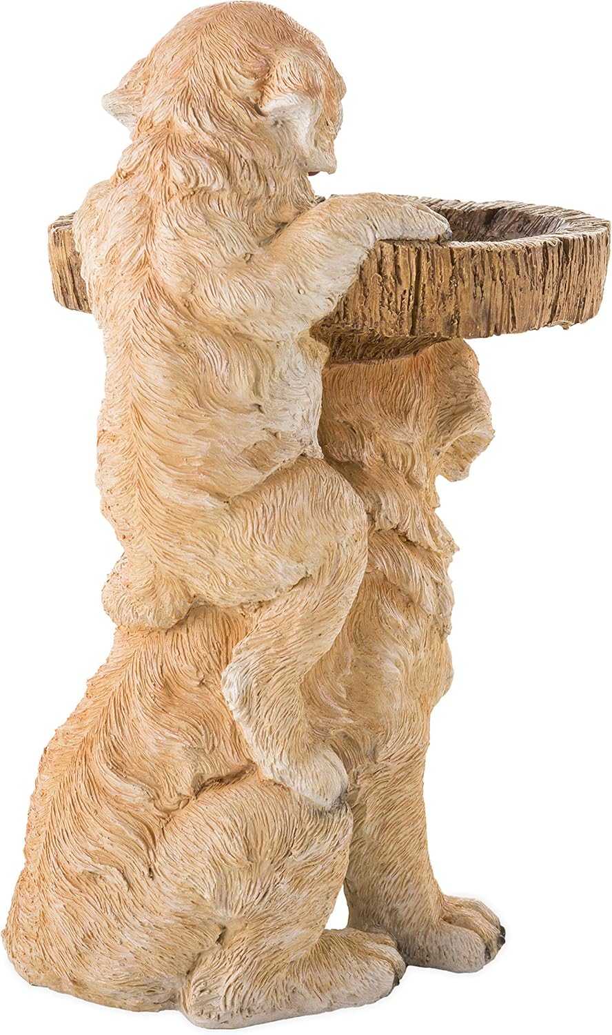 Plow & Hearth Two Playful Golden Retriever Puppies Resin Birdbath Hand-Painted All-Weather Wood-Look Resin Landscape and Garden Accent, 13¼ Dia. x 22 H