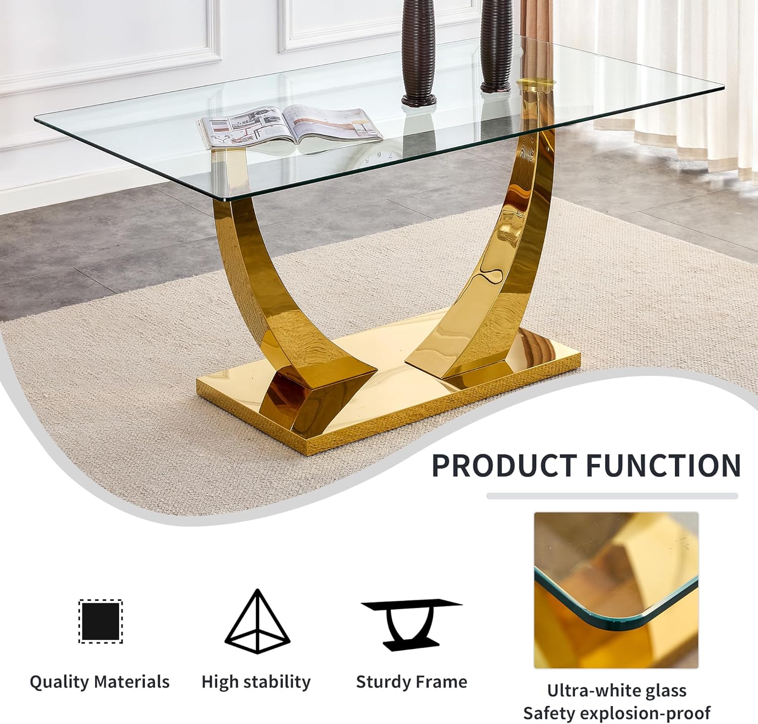 HomVent Contemporary Glass Top Rectangular Kitchen Dining Table, 0.39" Clear Tempered Glass Top Kitchen Table with Stainless Steel Base, Home Office Kitchen Dining Room Table Furniture(C, Gold Base)