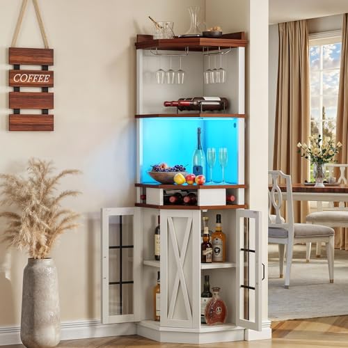 DWVO Corner Bar Cabinet with Glass Door & LED Lights, 72" Tall Farmhouse Liquor Cabinet Bar with Glass & Wine Holder, 6-Tiers Alcohol Cabinet for Dining Room, Living Room, Kitchen,White
