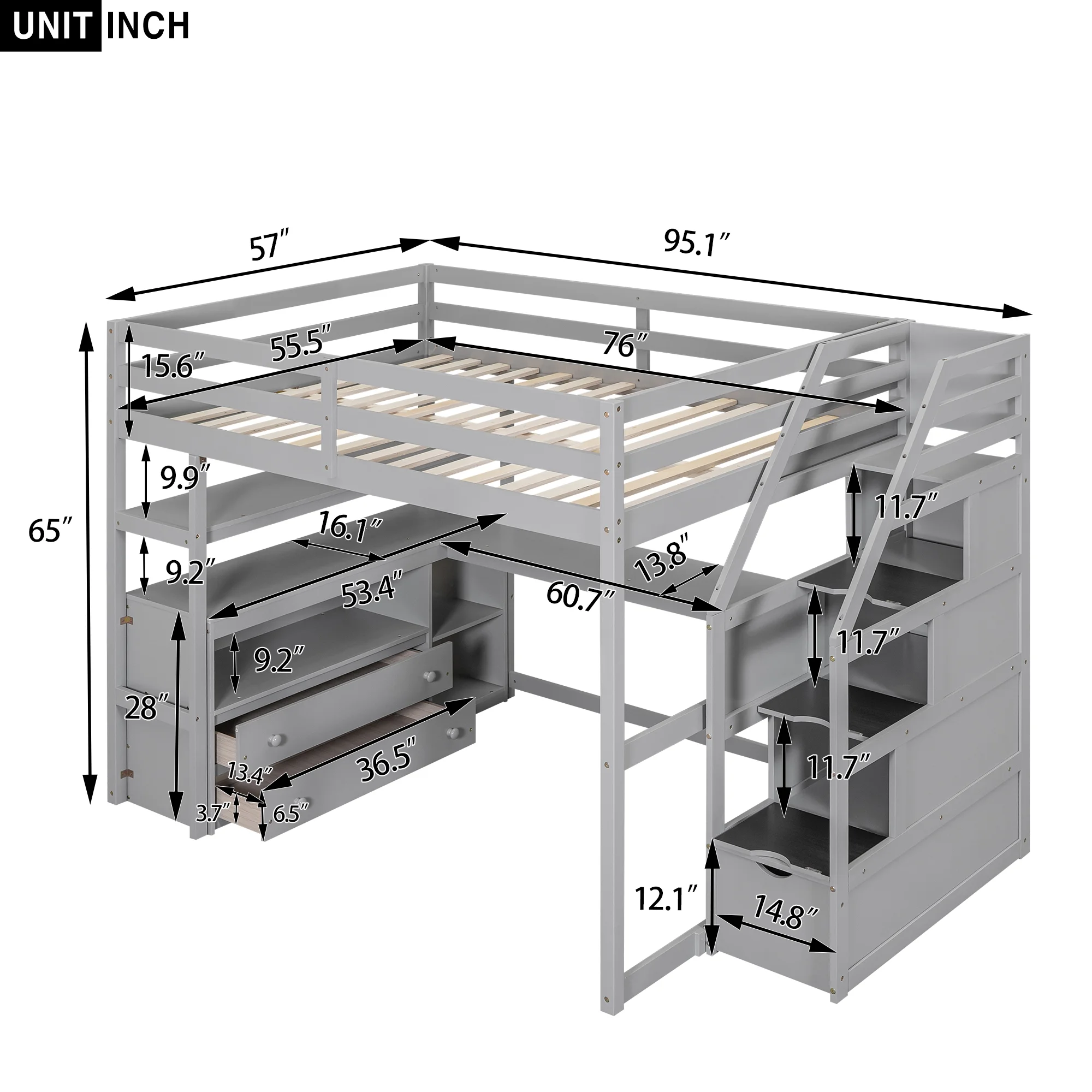 Loft Bed with Desk & Storage Stairs Wood Loft Beds with Two Built-in Drawers, High Loft Bed Frame with Step for Kids, Juniors, Boys and Girls No Box Spring Needed & Space Saving (Full)