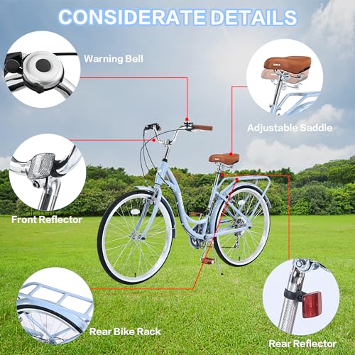 26 Inch Beach Cruiser Bike for Women, Womens Bicycles Hybrid Cruiser Bike with 7 Speed, Adjustable Seat, Lightweight Women Beach Cruiser Bike with Anti-Skid Tires, Front and RearV-Brakes