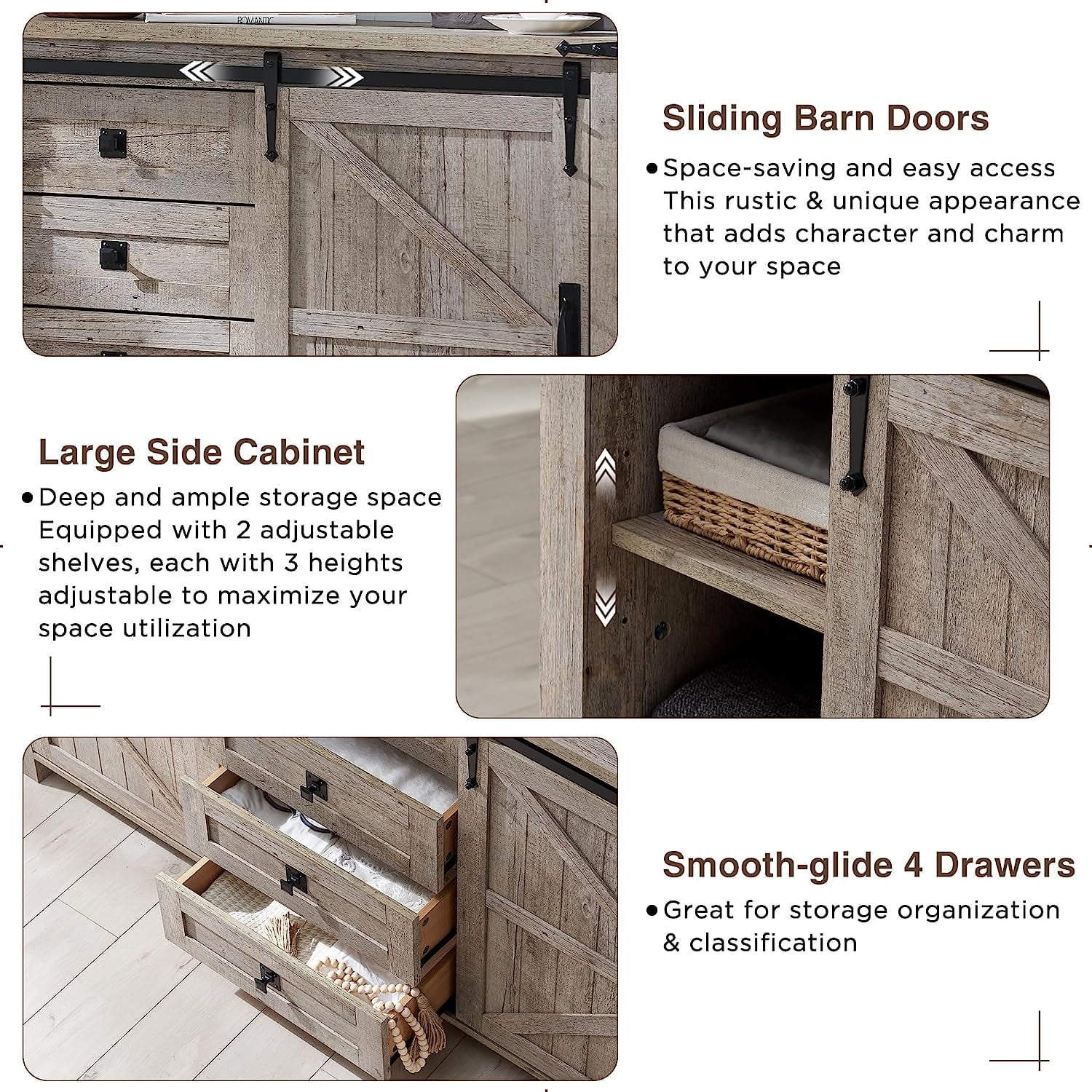 OKD 60" Farmhouse Dresser Chests for Bedroom with 4 Drawers & Sliding Barn Doors, Rustic Dresser TV Stand, Light Rustic Oak