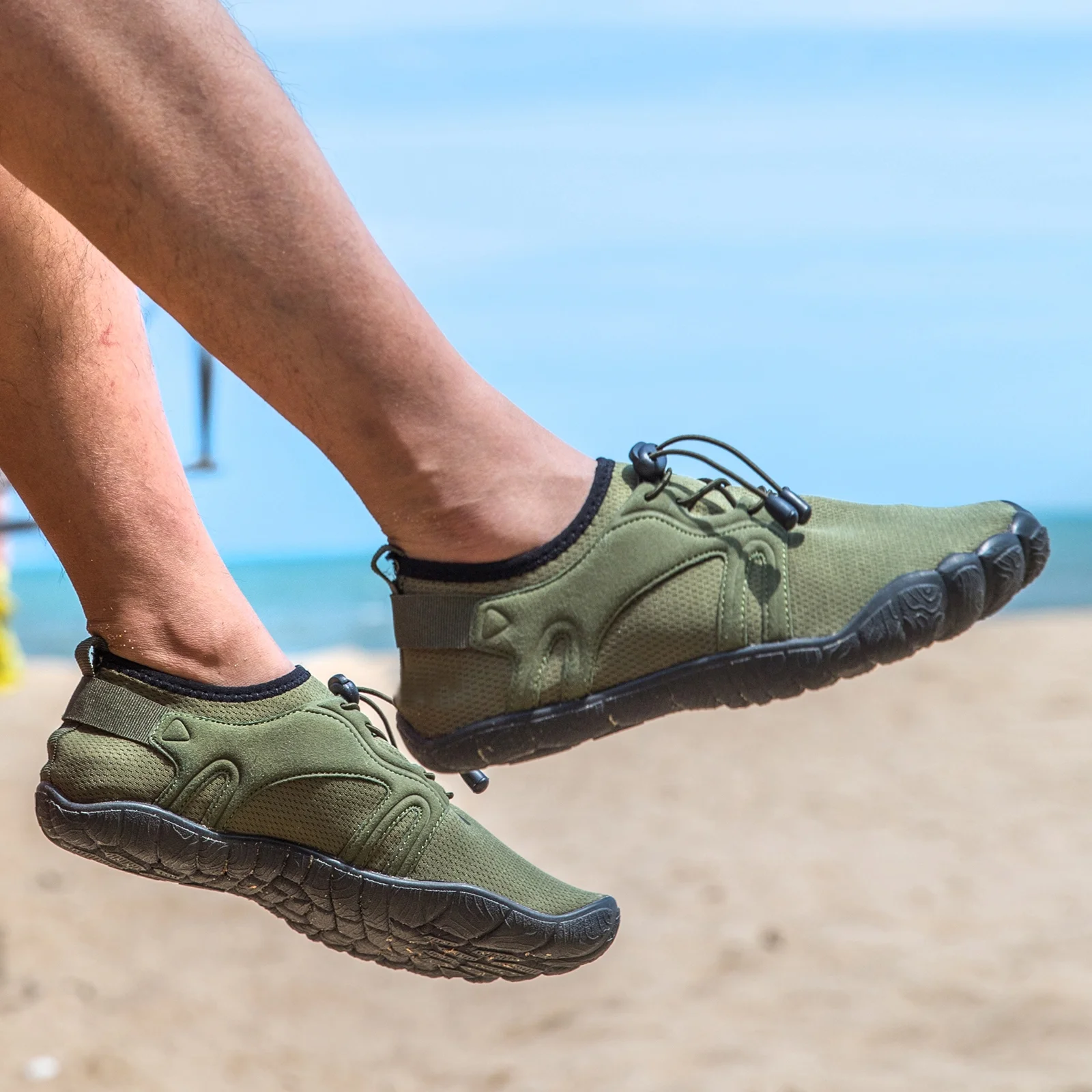 WOTTE Men's Water Shoes Quick-Dry Aqua Sock Barefoot Wide Toe Sports Outfoor Shoes for Beach Swim River Pool Lake Hiking Kayaking Surfing, Army Green Size 11
