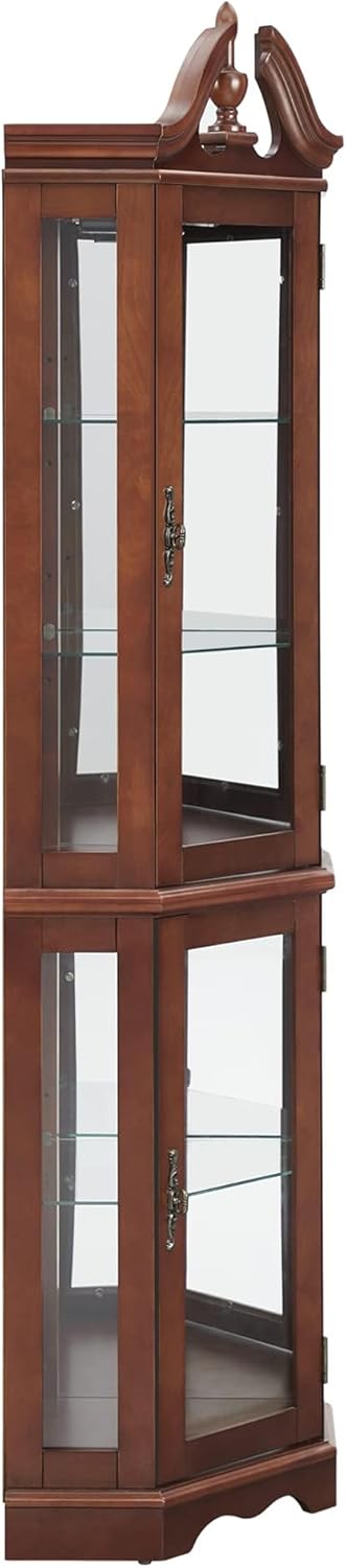 Lighted Curio Cabinet with Curved Top Finial, Wooden Corner Display Cabinet with Adjustable Tempered Glass Shelves, Retro Storage Cabinet with Mirrored Back & Tempered Glass Doors