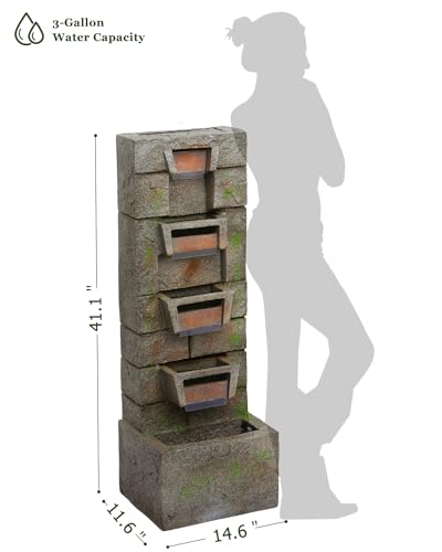 41.1" Water Fountain Outdoor Floor-Standing Garden Fountain Modern Waterfall Fountain with LED Lights 4 Tier Rock Fountain for Porch, Patio, Garden, Backyard