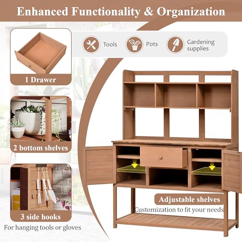 Outdoor Wooden Potting Bench Table – Farmhouse Garden Workstation with Drawers, Cabinet & Storage Shelves, Large Fir Wood Work Table for Patio, Backyard, Mudroom, Greenhouse (Light Brown, 66''H)