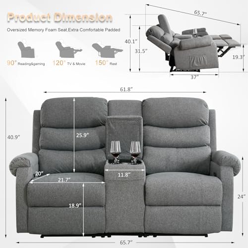 IPKIG 65.7" Manual Reclining Loveseat Sofa - Wall Hugger Loveseat Recliner with Console, Cup Holders and Side Pockets for Living Room, RV, Home Theater Seating (Brown, Loveseat)