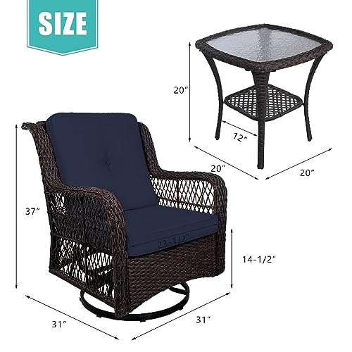 MEETWARM 3-Piece Patio Wicker Conversation Bistro Set Cushioned, Outdoor Swivel Rocking Chairs Rattan Furniture Sets with Thickened Cushion and Glass-Top Coffee Table (Orange)